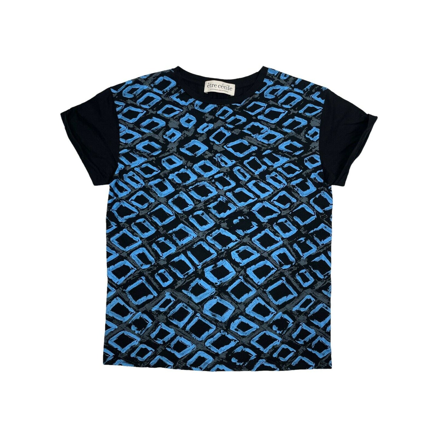 Etre Cecile Short Sleeve Top Womens Large Blue Navy All Over Print