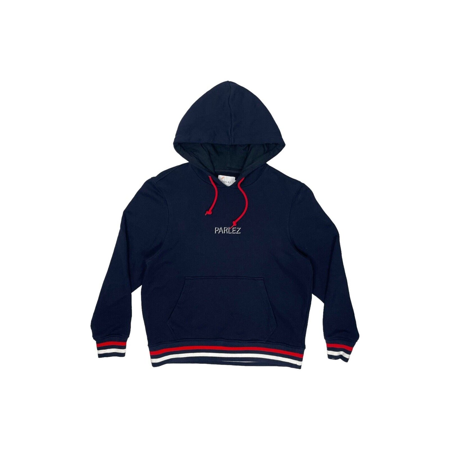 Parlez Hoodie Mens Small Navy Blue Embroidered Logo Stripe Details