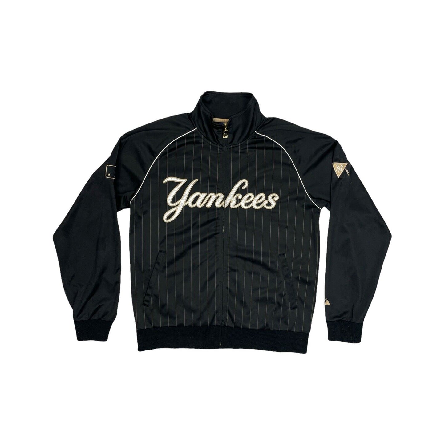 00’s New York Yankees Satin Jacket Cooperstown Mens XL Black Gold Embroidered