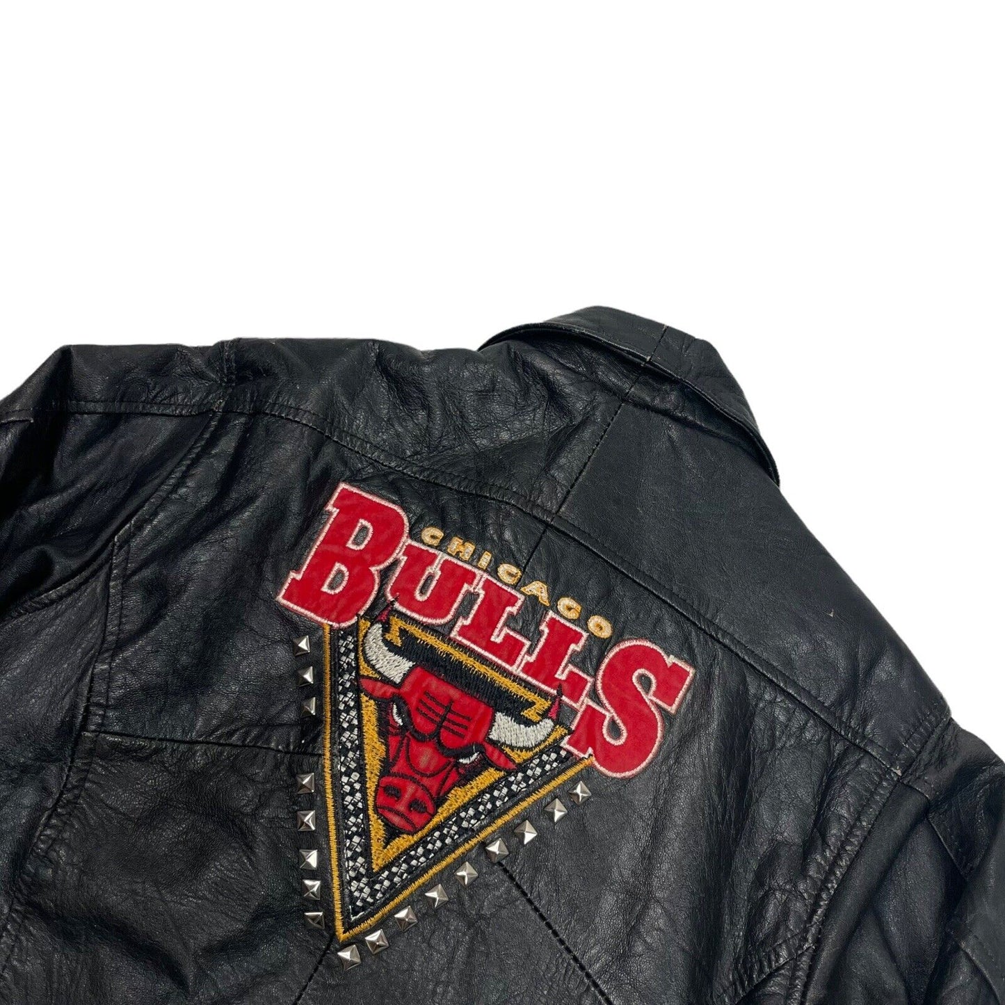 Vintage Chicago Bulls Leather Biker Jacket Black Womens XS/Youth XL Embroidered