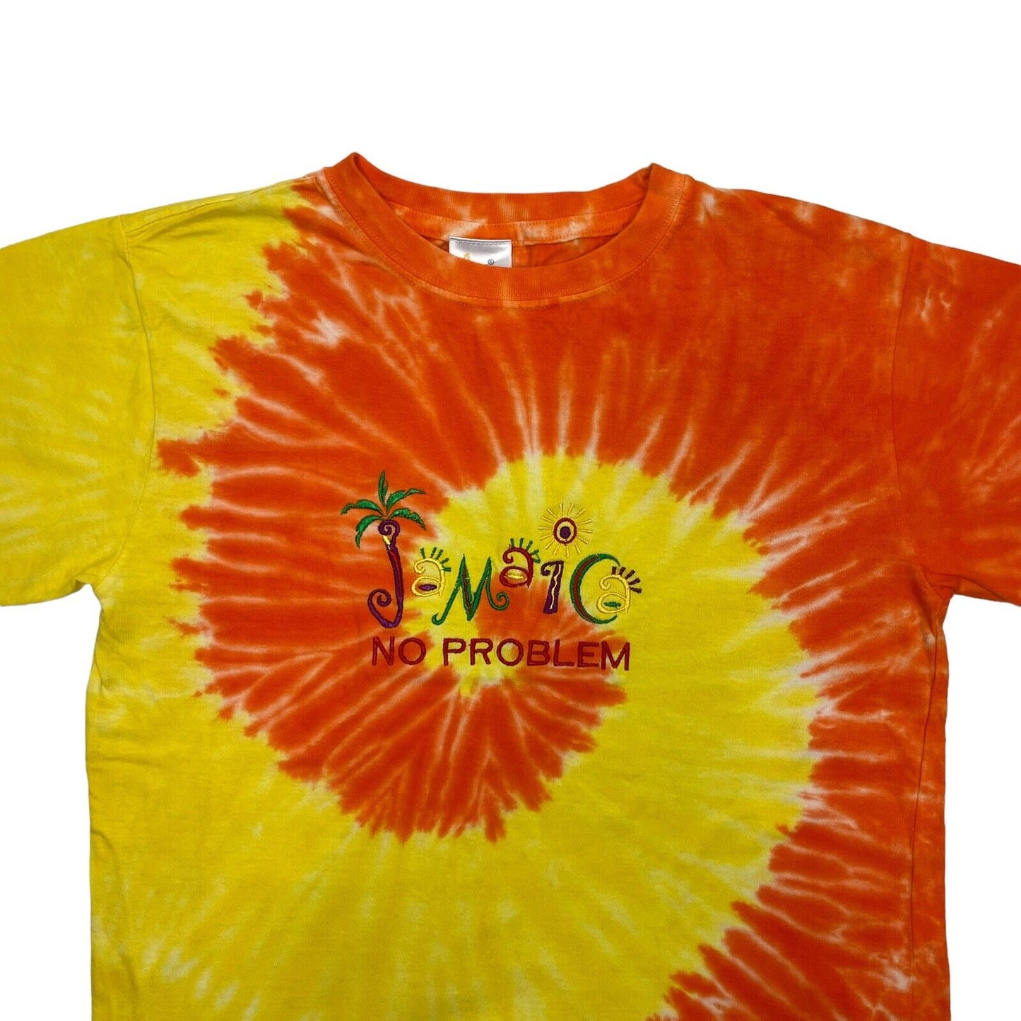 Vintage Jamaica Tie Dye T-Shirt Womens Small Orange And Yellow Embroidered