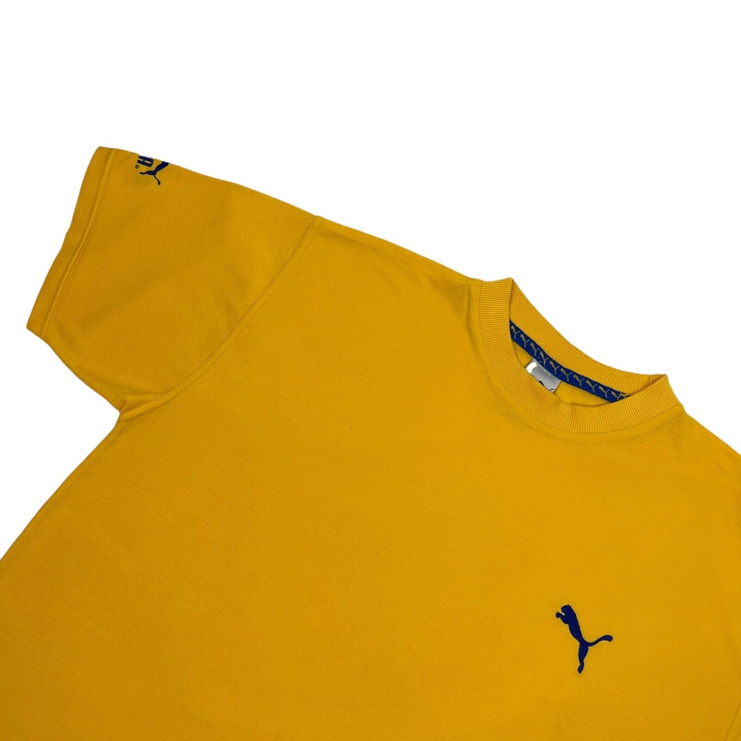 Vintage Puma T-Shirt Yellow And Navy Mens Medium Embroidered Boxy 90s Sportswear