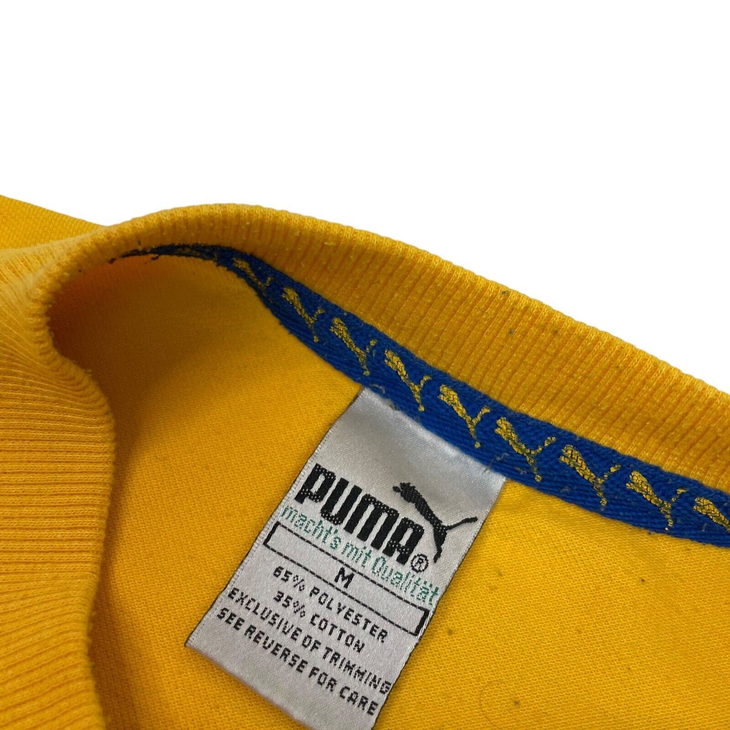 Vintage Puma T-Shirt Yellow And Navy Mens Medium Embroidered Boxy 90s Sportswear