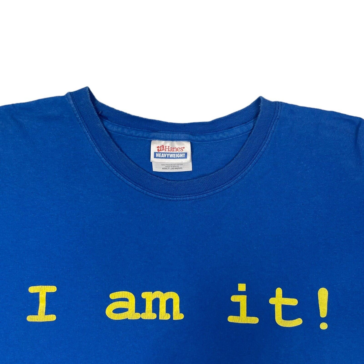 Vintage Slogan T-Shirt Mens Large Blue And Yellow Hanes I Am It