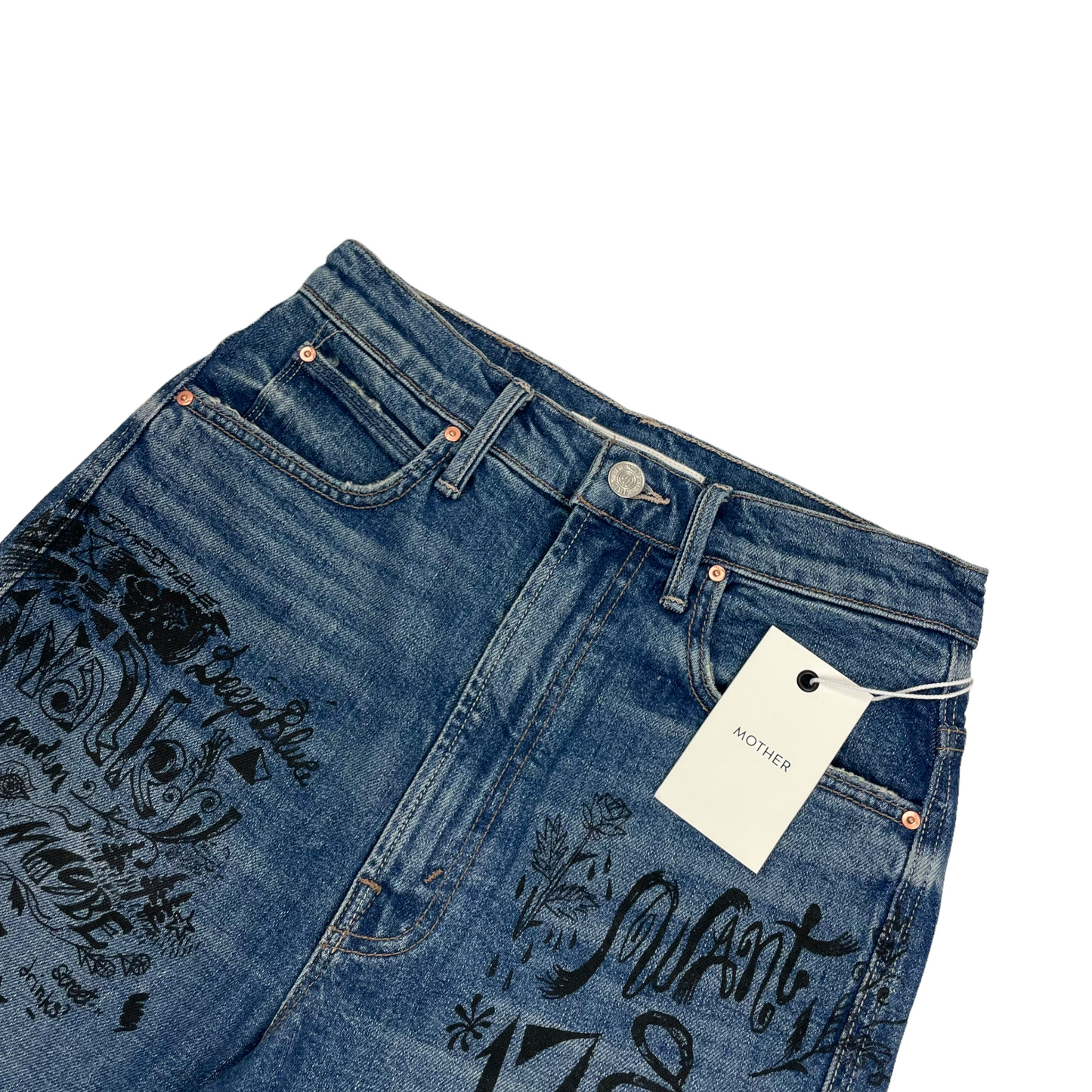 NWT Mother Blue Denim Shorts High Waisted Smokin’ Short Fray 26w Graphic Prints